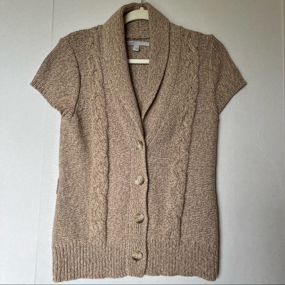 Old Navy women’s lambs wool blend short sleeve cable knit cardigan, L, tan - Picture 1 of 5